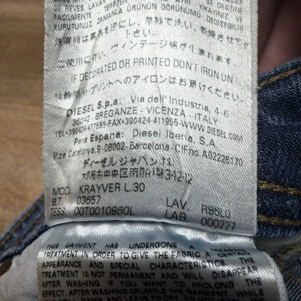 Diesel Krayver Jeans Men 31x30 Blue Slim Carrot Stretch Dark Wash Distress R86L0